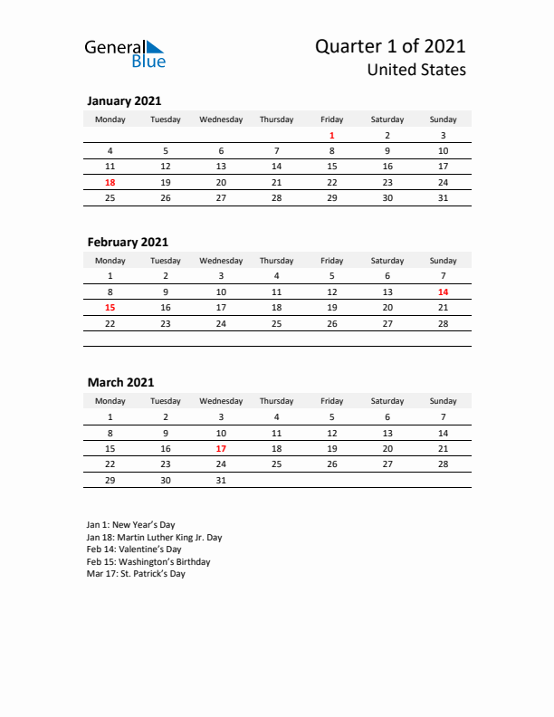 2021 Q1 Three-Month Calendar for United States