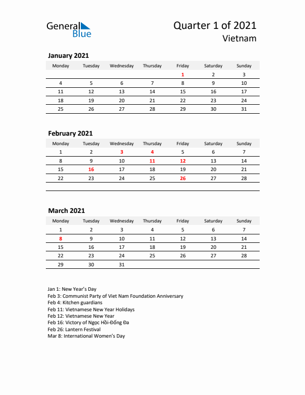 2021 Q1 Three-Month Calendar for Vietnam