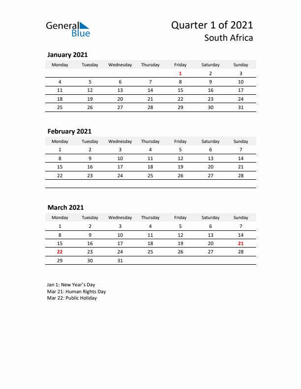 2021 Q1 Three-Month Calendar for South Africa