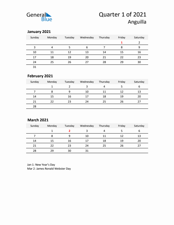 2021 Q1 Three-Month Calendar for Anguilla