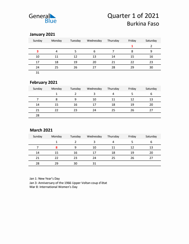 2021 Q1 Three-Month Calendar for Burkina Faso