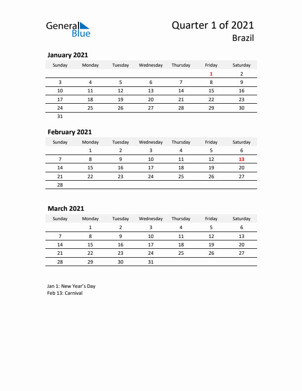 2021 Q1 Three-Month Calendar for Brazil