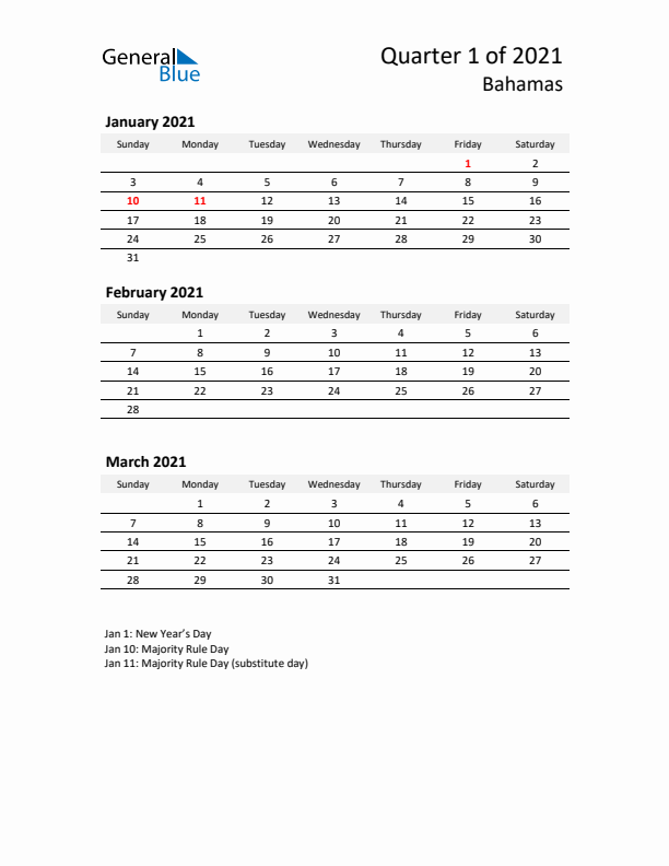 2021 Q1 Three-Month Calendar for Bahamas