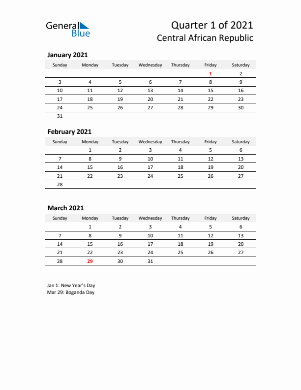 2021 Q1 Three-Month Calendar for Central African Republic