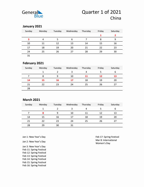 2021 Q1 Three-Month Calendar for China