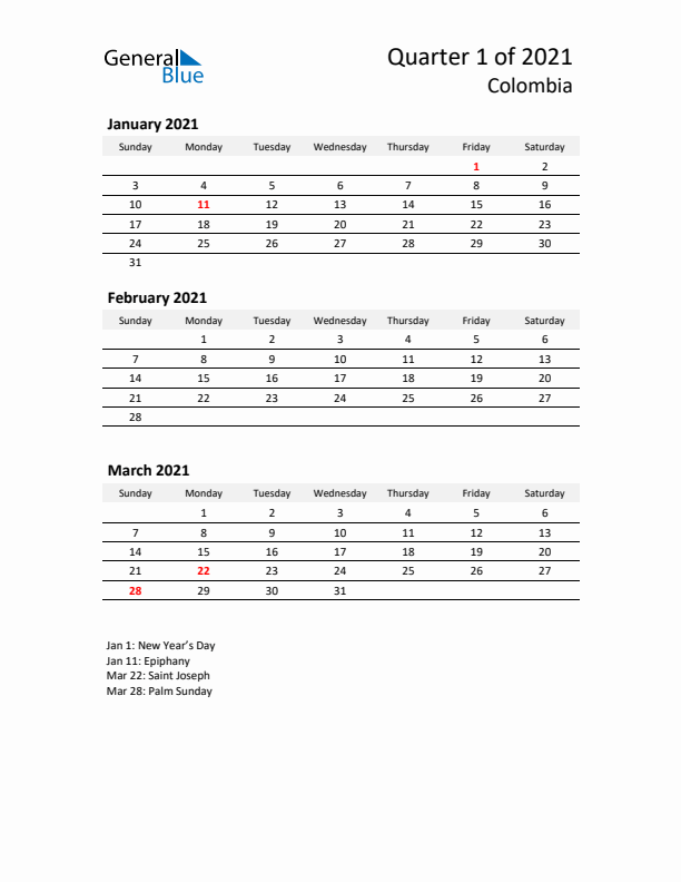 2021 Q1 Three-Month Calendar for Colombia