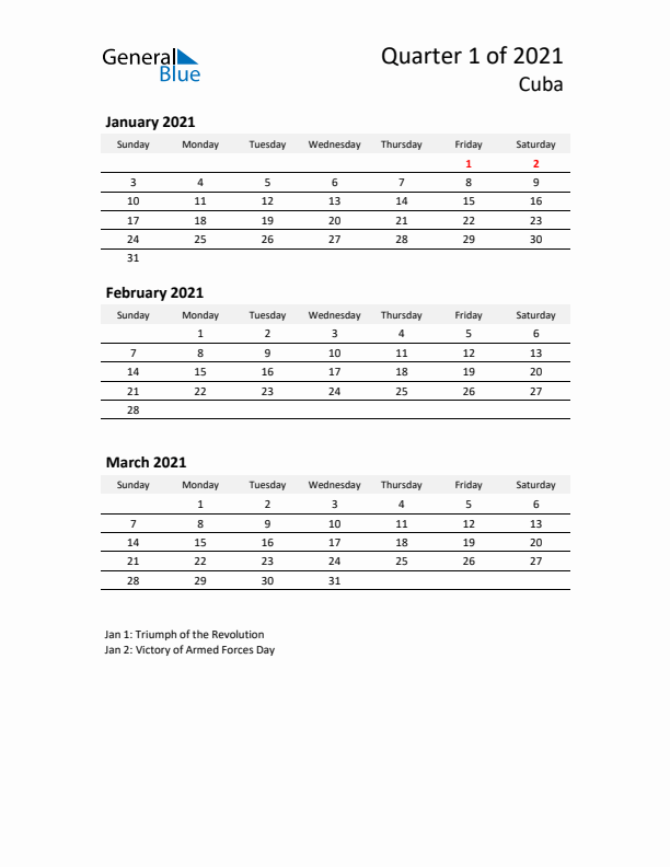 2021 Q1 Three-Month Calendar for Cuba