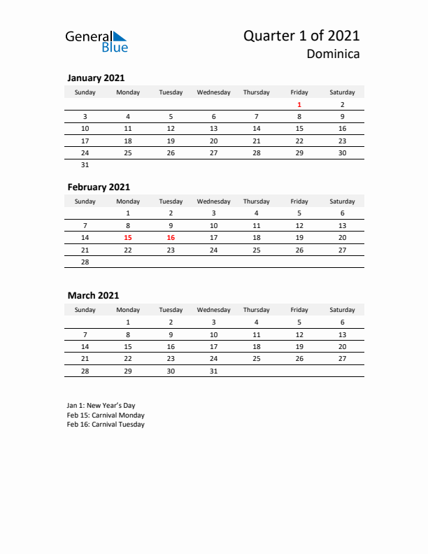 2021 Q1 Three-Month Calendar for Dominica