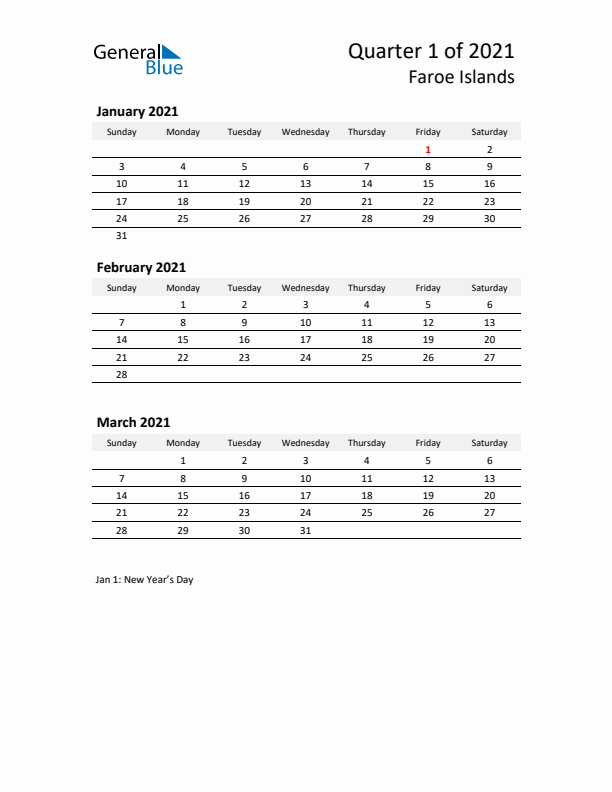 2021 Q1 Three-Month Calendar for Faroe Islands