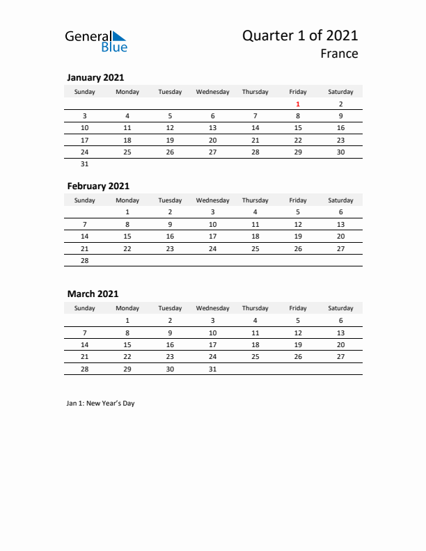 2021 Q1 Three-Month Calendar for France