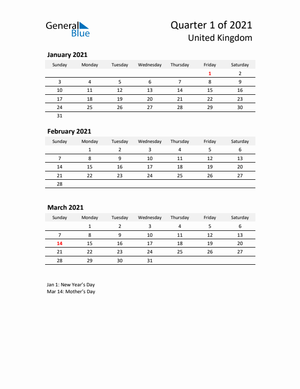 2021 Q1 Three-Month Calendar for United Kingdom