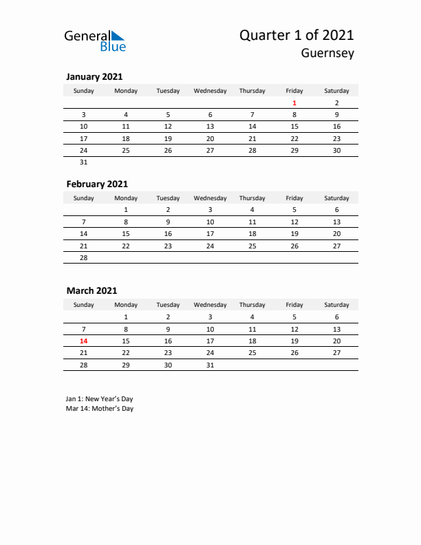 2021 Q1 Three-Month Calendar for Guernsey