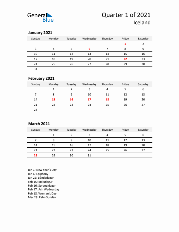 2021 Q1 Three-Month Calendar for Iceland