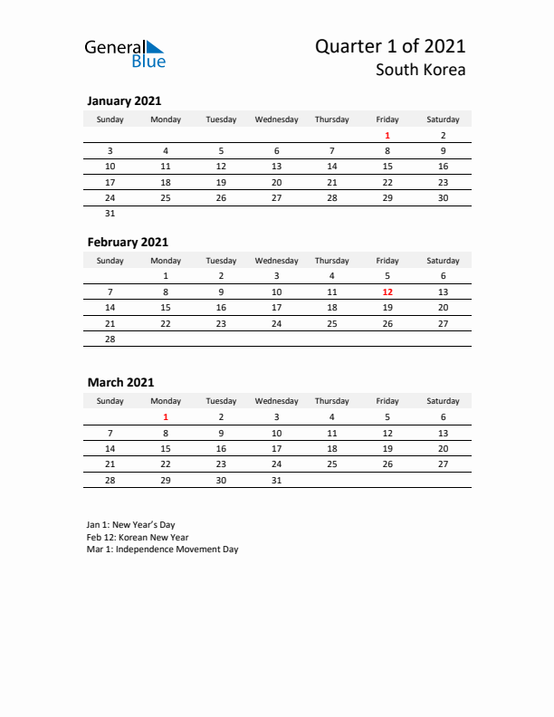 2021 Q1 Three-Month Calendar for South Korea