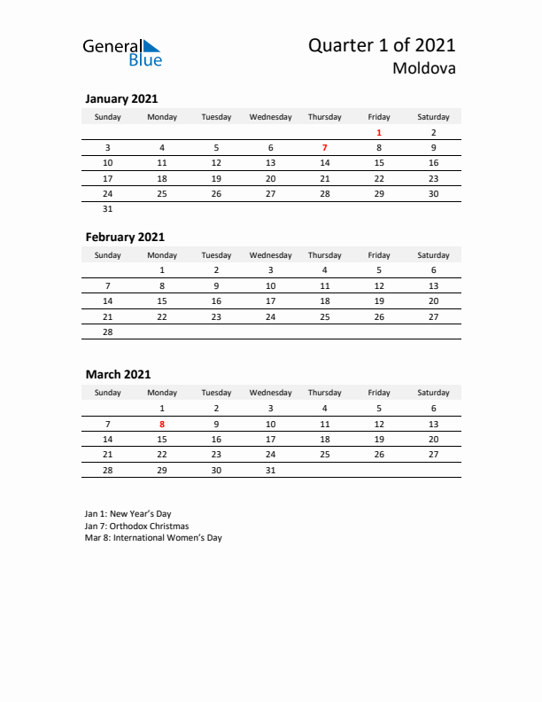 2021 Q1 Three-Month Calendar for Moldova