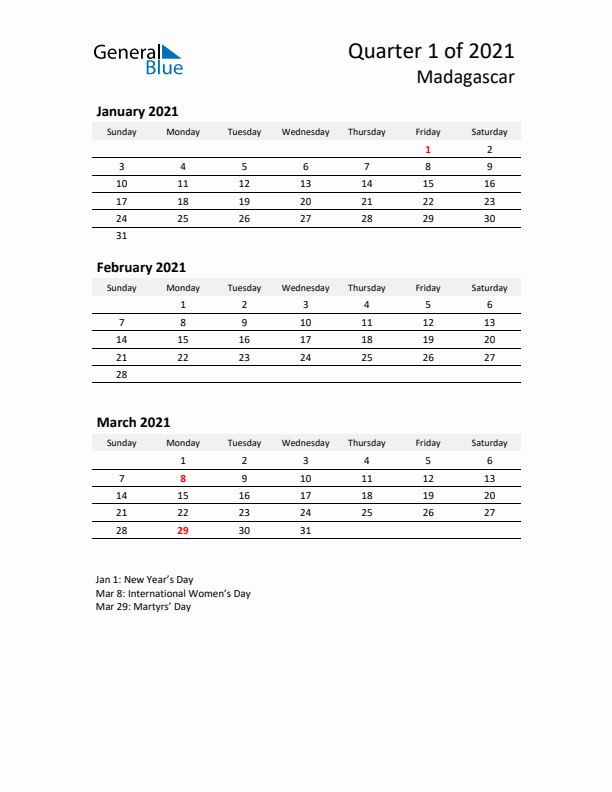 2021 Q1 Three-Month Calendar for Madagascar