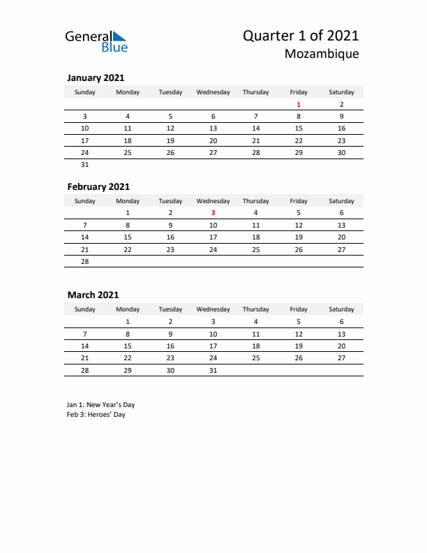 2021 Q1 Three-Month Calendar for Mozambique