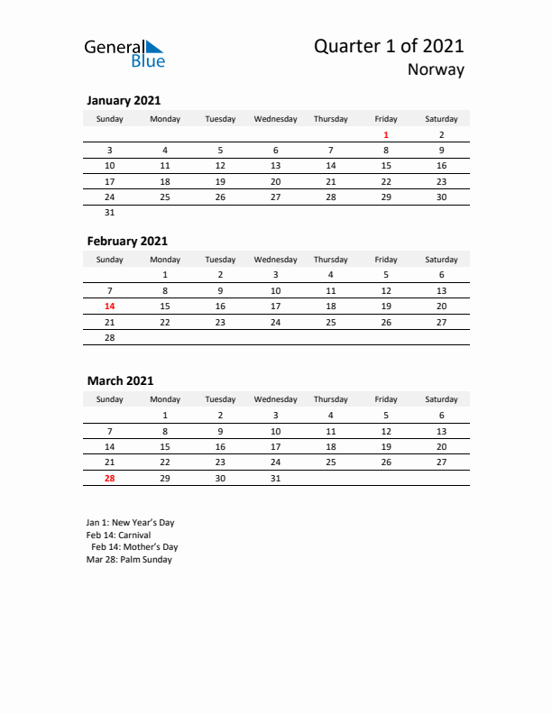 2021 Q1 Three-Month Calendar for Norway