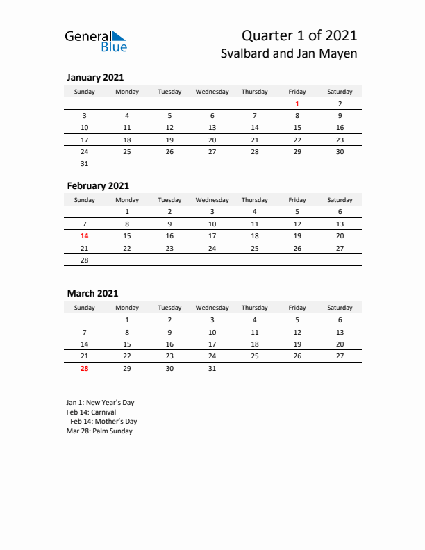 2021 Q1 Three-Month Calendar for Svalbard and Jan Mayen