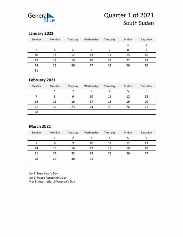 2021 Q1 Three-Month Calendar for South Sudan