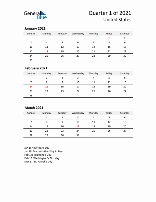 2021 Q1 Three-Month Calendar for United States