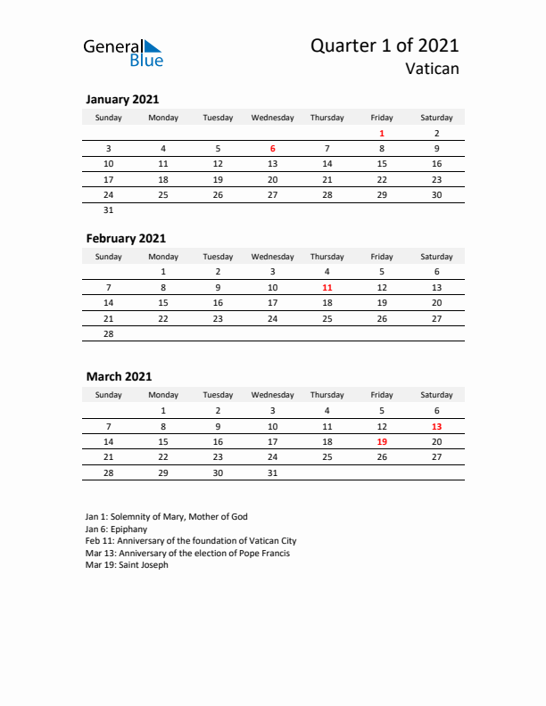 2021 Q1 Three-Month Calendar for Vatican