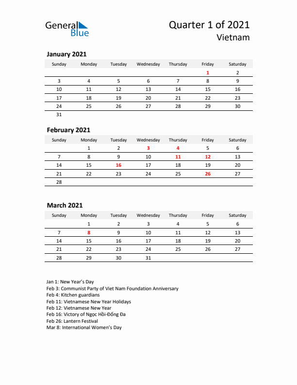 2021 Q1 Three-Month Calendar for Vietnam