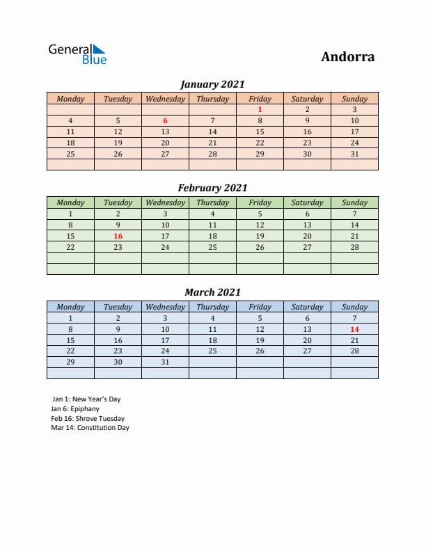 Q1 2021 Holiday Calendar - Andorra