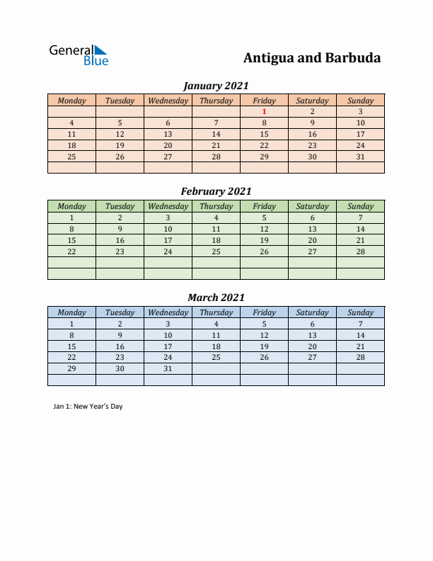 Q1 2021 Holiday Calendar - Antigua and Barbuda