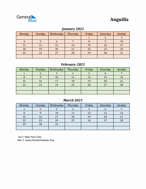 Q1 2021 Holiday Calendar - Anguilla