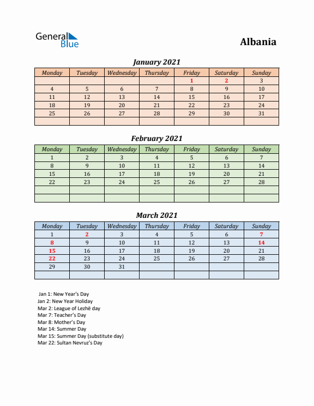 Q1 2021 Holiday Calendar - Albania