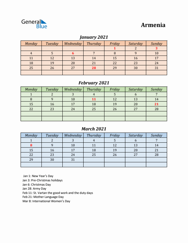 Q1 2021 Holiday Calendar - Armenia