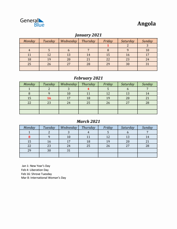 Q1 2021 Holiday Calendar - Angola