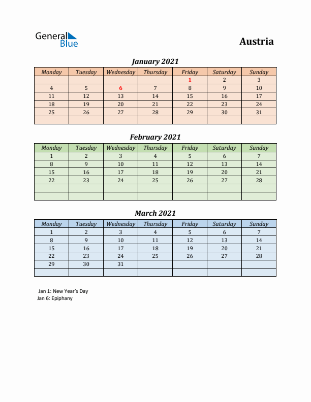 Q1 2021 Holiday Calendar - Austria