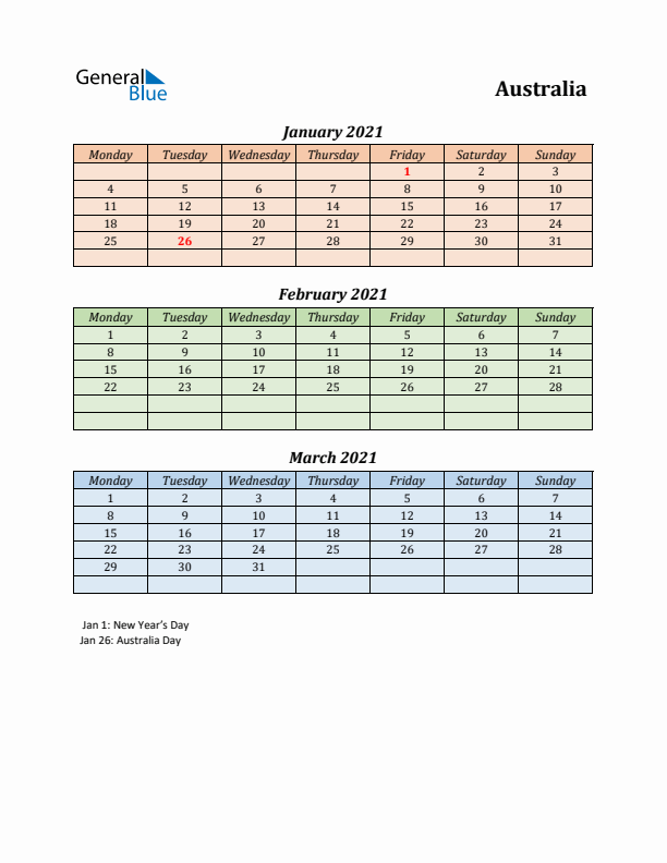 Q1 2021 Holiday Calendar - Australia