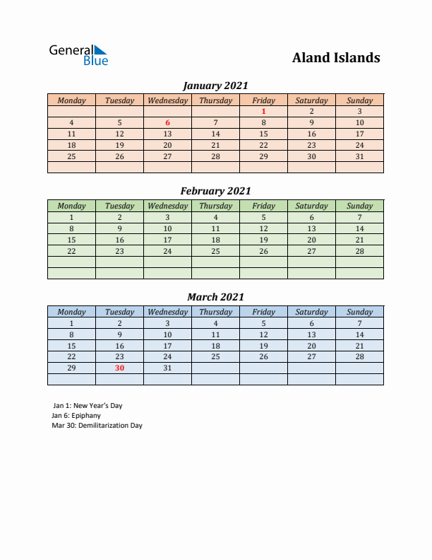 Q1 2021 Holiday Calendar - Aland Islands