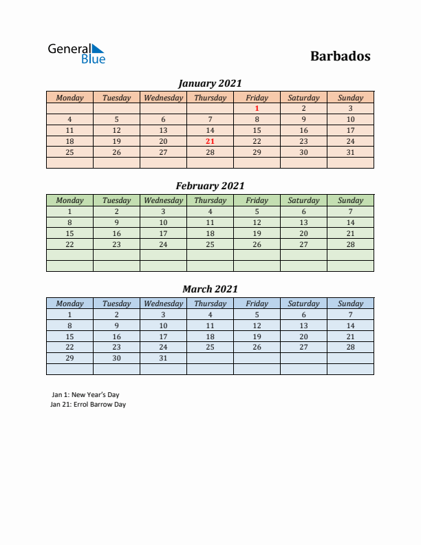 Q1 2021 Holiday Calendar - Barbados