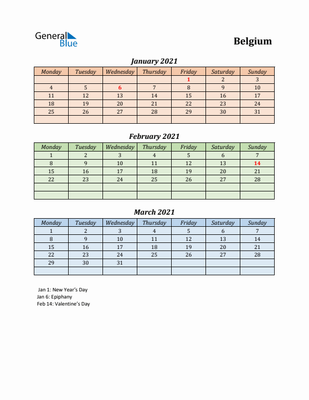 Q1 2021 Holiday Calendar - Belgium