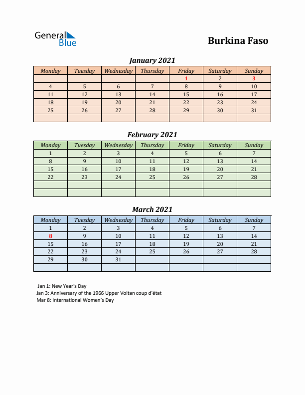 Q1 2021 Holiday Calendar - Burkina Faso