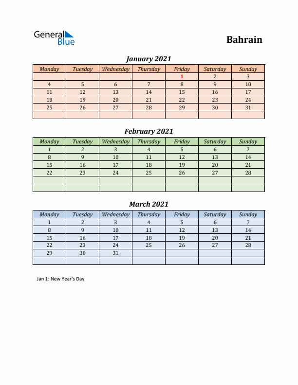 Q1 2021 Holiday Calendar - Bahrain