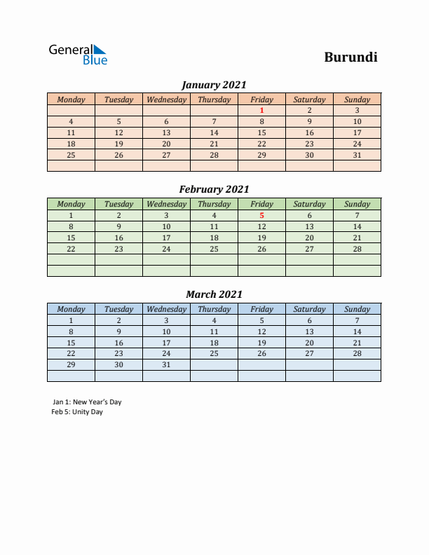 Q1 2021 Holiday Calendar - Burundi