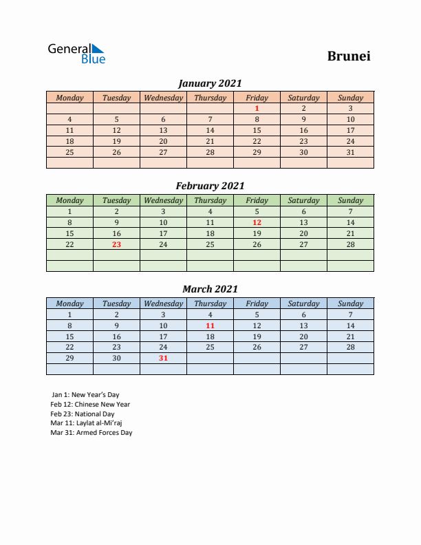 Q1 2021 Holiday Calendar - Brunei