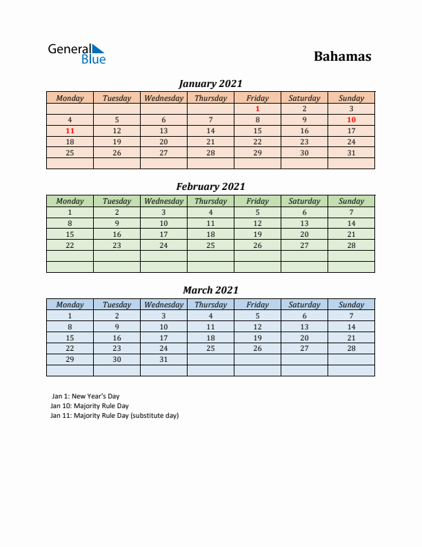 Q1 2021 Holiday Calendar - Bahamas