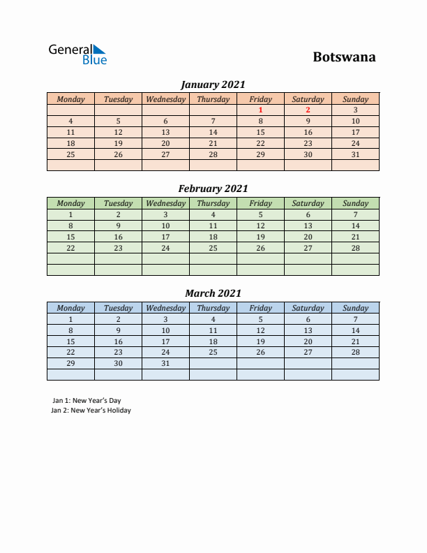 Q1 2021 Holiday Calendar - Botswana