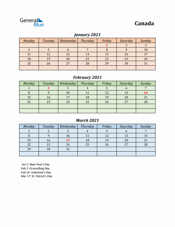 Q1 2021 Holiday Calendar - Canada