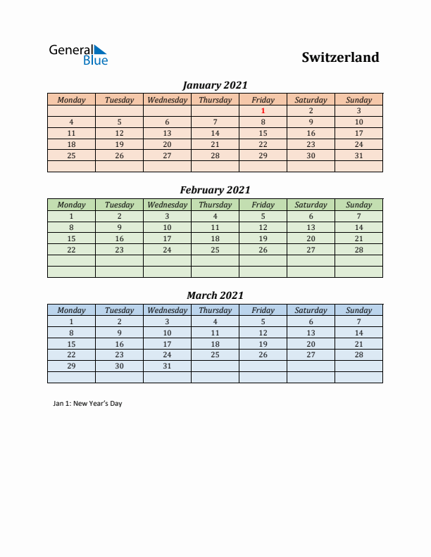 Q1 2021 Holiday Calendar - Switzerland