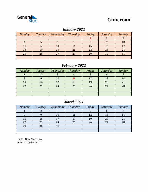 Q1 2021 Holiday Calendar - Cameroon