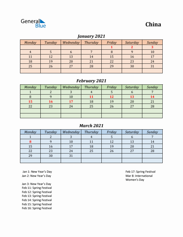 Q1 2021 Holiday Calendar - China