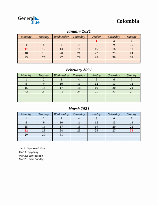 Q1 2021 Holiday Calendar - Colombia