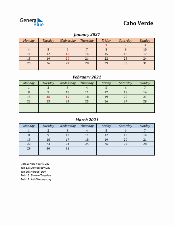 Q1 2021 Holiday Calendar - Cabo Verde